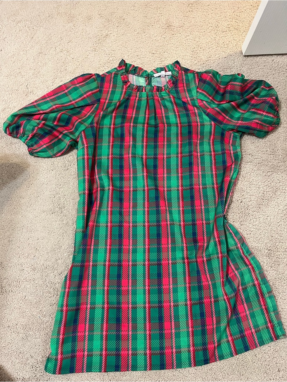 Plaid Puff-Sleeve Mini Dress in Green and Red